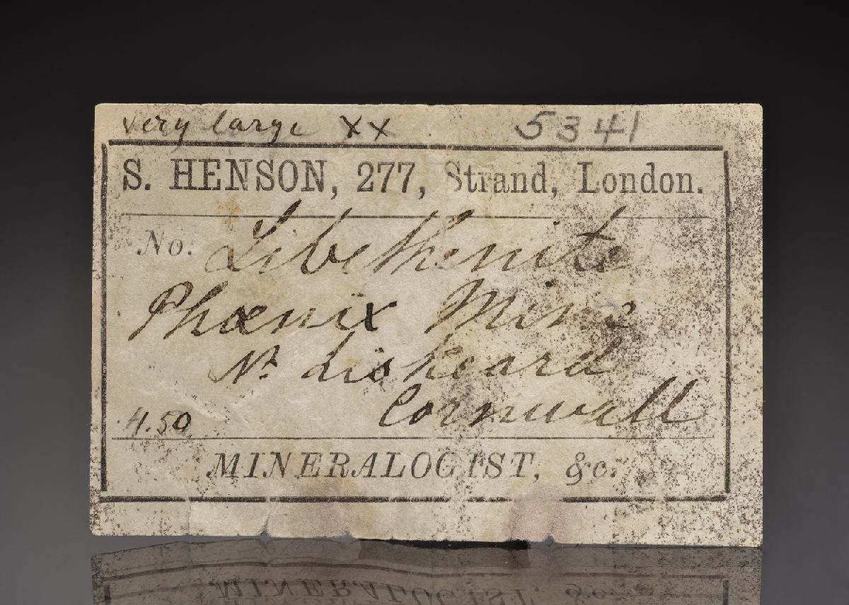 late nineteenth-century S. Henson label for Phoenix United libethenite — credit: Crystal Classics